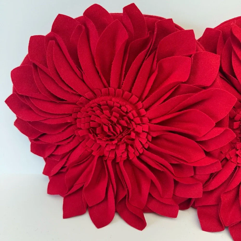 Set of 2 Red Wool 3D Floral Sculptural Pillow Covers Rosette valentine’s Decor